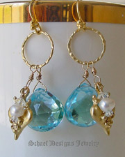 Schaef Designs Large Blue Topaz & White Freshwater Pearl 24kt Gold Vermeil Amulet Necklace |New Mexico