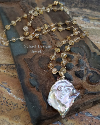 Schaef Designs lustrous Peach Large Freshwater nucleated Pearl & 14kt Gold Pendant on Imperial Topaz & 22kt gold vermeil Necklace | Arizona