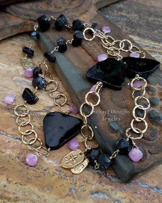 Schaef Designs Black Tourmaline, Pink Sapphire Brioliettes & 24kt Gold Vermeil charm long necklace | Arizona  