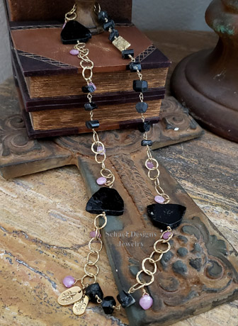 Schaef Designs Black Tourmaline, Pink Sapphire Brioliettes & 24kt Gold Vermeil charm long necklace | Arizona  
