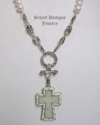 Schaef Designs Druzy Opal Cross pendant on pearl & Sterling silver chain necklace New Mexico