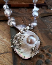 Schaef Designs Nucleated freshwater pearl, scorolite, & sterling silver necklace with mabe pearl pendant | Arizona 