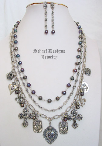 Schaef Designs Peacock Pearl & Fleur de lis chain post earrings | New Mexico  