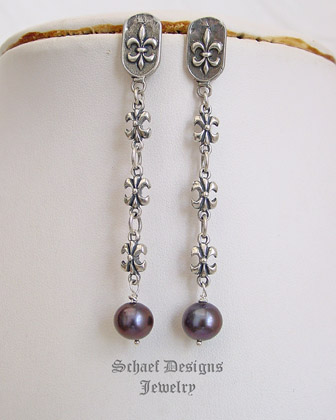 Schaef Designs Peacock Pearl & Fleur de lis chain post earrings | New Mexico  