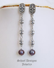 Schaef Designs Peacock Pearl Fluer de Lis Chain POST Earrings | New Mexico 