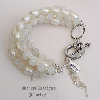  Schaef Designs White Freshwater Pearl Moonstone Sterling Silver Chain 5 Strand Stacking Gemstone Bracelets | New Mexico 