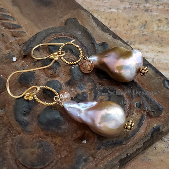 Schaef Designs Irridescent Pink to Peach Nucleated Freshwater Pearls, Imperial Topaz & 22kt Gold Vermeil Earrings | Arizona