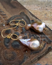 Schaef Designs Irridescent Pink to Peach Freshwater nucleated Pearls, Imperial Topaz & 22kt Gold Vermeil Earrings | Arizona 