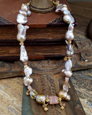 Schaef Designs Irridescent Pink to Peach Freshwater Pearls, Imperial Topaz & 22kt Gold Vermeil Necklace | New Mexico 
