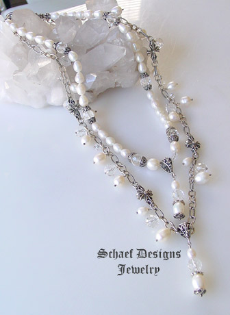 Schaef  Designs White Freshwater Pearl & Sterling Silver Figaro Chain with maltese cross stations and pearl & quartz charms | fleur de lisy | New Mexico 