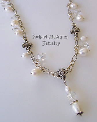 Schaef  Designs White Freshwater Pearl & Sterling Silver Figaro Chain with maltese cross stations and pearl & quartz charms  | New Mexico 