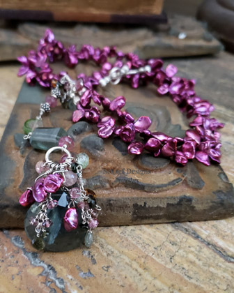 Schaef Designs Keishi Pearl Moss Aquamarine Tourmaline & Rhodolite Garnet Long Necklace | Arizona
