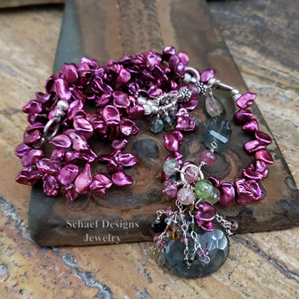  Schaef Designs Keishi Pearl Moss Aquamarine Tourmaline & Rhodolite Garnet Long Necklace | Arizona 