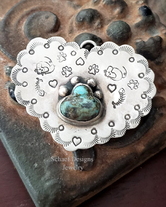 Schaef Designs Turquoise Loaded with Matrix & Paw Print on Hand Stamped Sterling Silver Southwestern Heart Pendant Paw Print Bail | Arizona