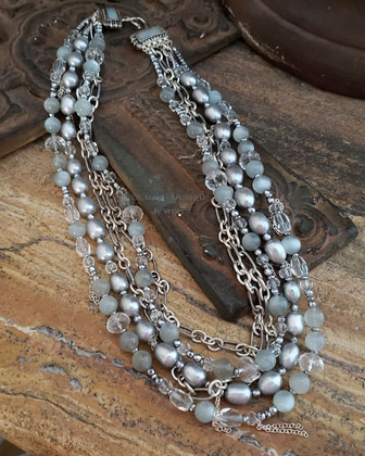 Schaef Designs Gray Pearl, Moonstone, Hematite, Crystal & Sterling Silver Figaro Chain 5 strand bib necklace | New Mexico 