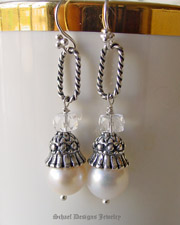 Schaef Designs White pearl, crystal quarz & sterling silver figaro link dangle earrings | Arizona 