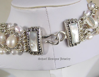Schaef Designs White pearl, clear quartz & sterling silver figaro chain 5 strand designer bib necklace with white topaz solitaire pendant | New Mexico 