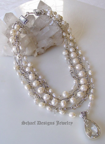 Schaef Designs White pearl, clear quartz & sterling silver figaro chain 5 strand designer bib necklace with white topaz solitaire pendant | New Mexico 