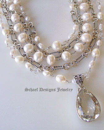 Schaef Designs White pearl, clear quartz & sterling silver figaro chain 5 strand designer bib necklace with white topaz solitaire pendant | New Mexico 