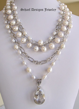 Schaef Designs White pearl, clear quartz & sterling silver figaro chain 5 strand designer bib necklace with white topaz solitaire pendant | New Mexico