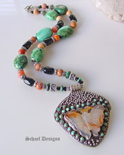  Schaef Designs Canelian carved butterfly pendant on turquoise & crabfire agate necklace | New Mexico 