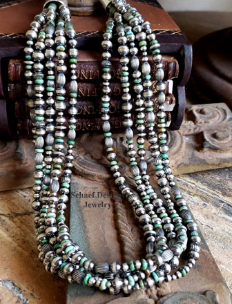 Schaef Designs 5 strand Hubei green turquoise & oxidized Navajo Pearl & bench bead necklace |  Arizona  