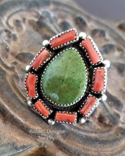 Native American Becenti Green Turquoise Mediterranean Coral Sterling Silver Ring | Arizona