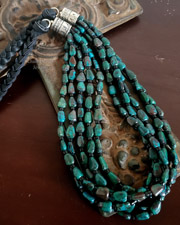 Schaef Designs Chrysocolla 5 Strand Bead & Braided Black Leather Necklace | Arizona