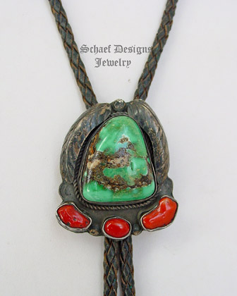 Old Pawn Vintage High Grade Green Turquoise, Mediterranean Coral, & Sterling Silver Bolo  | Schaef Designs | New Mexico