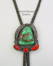  OLD PAWN AAA Turquoise, Mediterranean Coral & Sterling Silver Bolo | New Mexico 