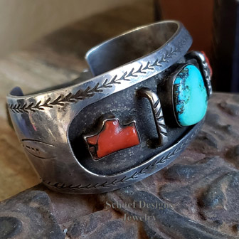 Old Pawn Native American turquoise, coral & sterling silver shadowbox style cuff bracelet | Arizona
