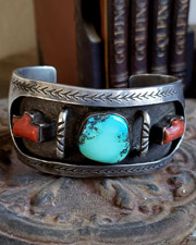 Native American Mediterranean Coral Turquoise & Sterling Silver Cuff Bracelet | Arizona