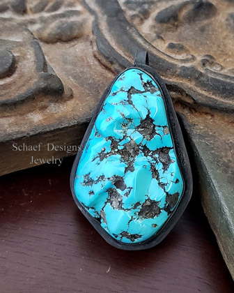 Schaef Designs Deep Blue & Black Turquoise Nugget in Black Sterling Silver Pendant | Arizona  