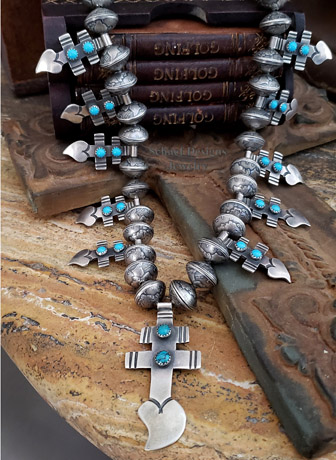 Old Indian Coin Dragonfly Sleeping Beauty Turquoise & Sterling Silver Dime Squash Blossom Necklace | Schaef Designs | Arizona 