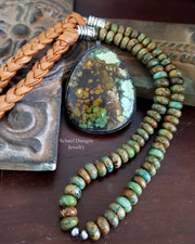 Schaef Designs Green Hubei Turquoise Black Silver Leather Necklace SET | Arizona