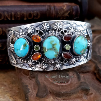 Leo Feeney Turquoise Amber Gemstone & Sterling Silver Old Style Southwestern Cuff Bracelet | Schaef Designs | Arizona 
