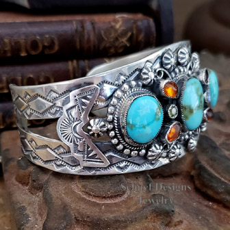Leo Feeney Turquoise Amber Gemstone & Sterling Silver Old Style Southwestern Cuff Bracelet | Schaef Designs | Arizona 