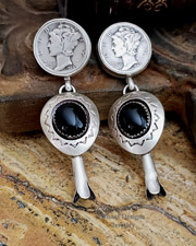 Schaef Designs Mercury Dime Shadow Box Onyx Squash Blossom Sterling Silver POST Earrings | Arizona