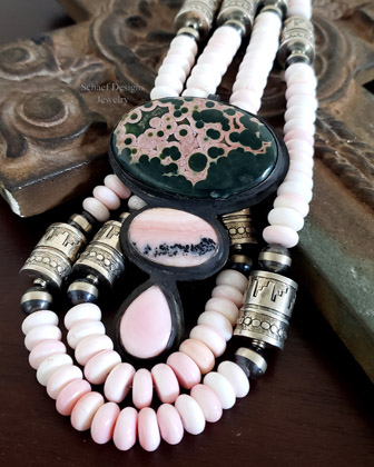  Schaef Designs Ocean Jasper Pink Opal Conch in Black Silver Totem Pendant | Arizona 