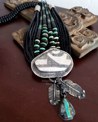 Schaef Designs Large Pottery Shard Feather Arrowhead Black Silver Pendant | Arizona 