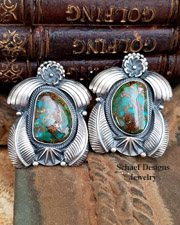 Royston Turquoise Sterling Silver Leaf Flower Native American Unsigned post earrings | Schaef Designs | Arizona