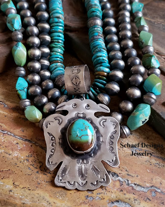 Schaef Designs Royston Turquoise & Stamped Sterling Silver Two Headed Thunderbird Pendant | Arizona