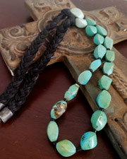 Schaef Designs Spiral Turquoise Bead & Braided Black Leather Necklace | Arizona