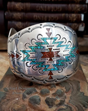  Native American Turquoise & Coral Chip Sterling Silver Inlaid Bracelet | New Mexico 