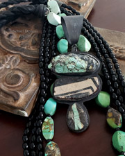 Schaef Designs Turquoise Lizard Pottery Shard & Ribbon Turquoise Drop Pendant | Arizona