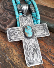 Vince Platero LARGE Cross Sterling Silver Pendant w/Turquoise Center  | Arizona